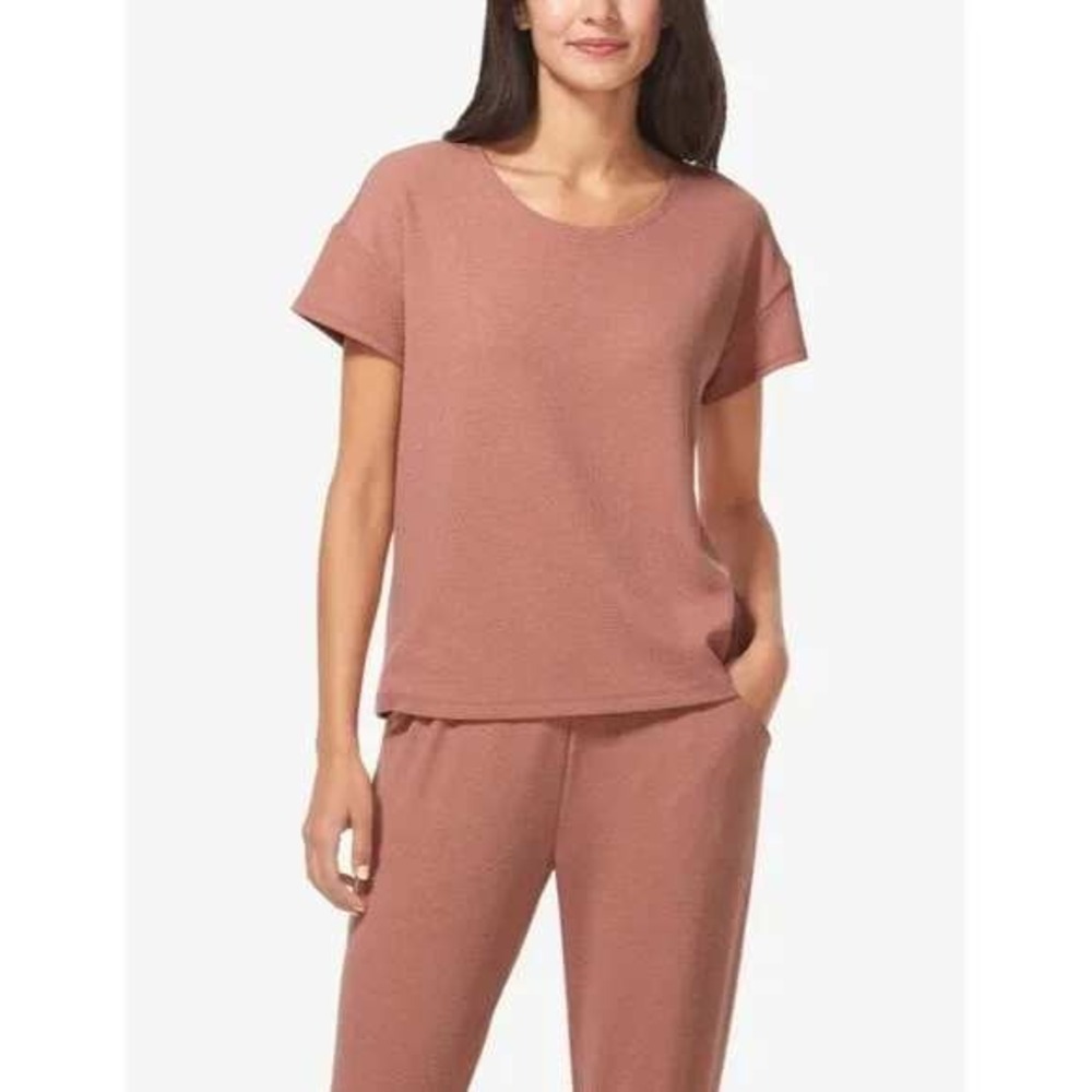 Tommy John Womens Zen Waffle Knit Tee Short Sleeve Light‎ Mahogany Pink Large